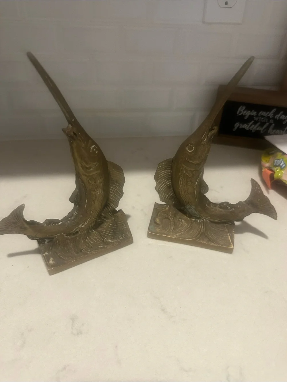Brass Finish Swordfish Bookends - Decorative Home Wall Decor